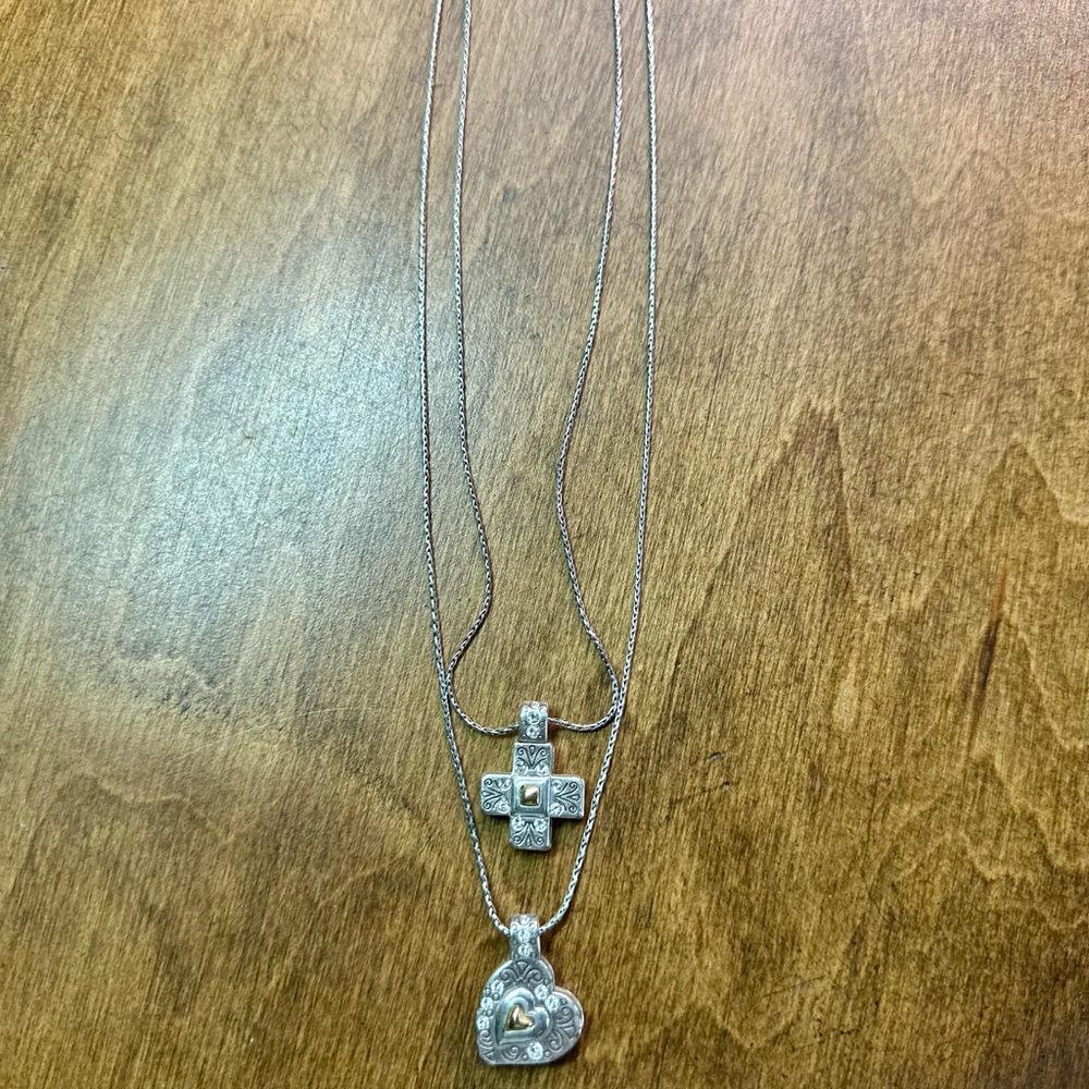 Brighton Silver Cross and Heart w/Crystal Necklace Elegant Pendant Design